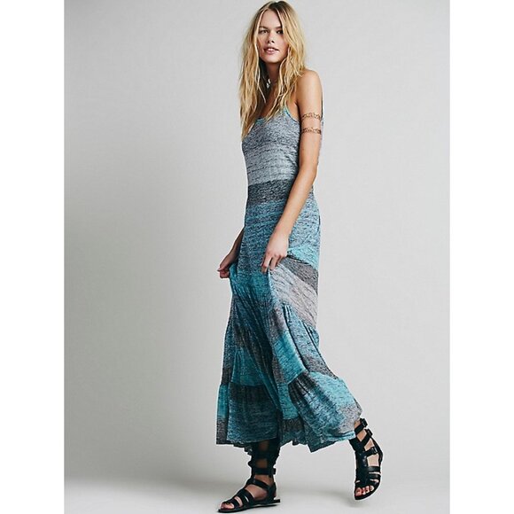 Free People Beach Blue Tired Ruffle Hem Maxi Slip Dress - Picture 6 of 13